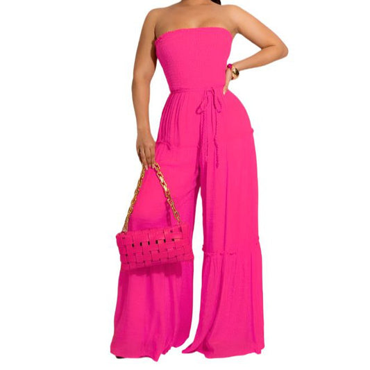 Wide Leg Strapless Jumpsuit With Waist Tie [4 Color Options]