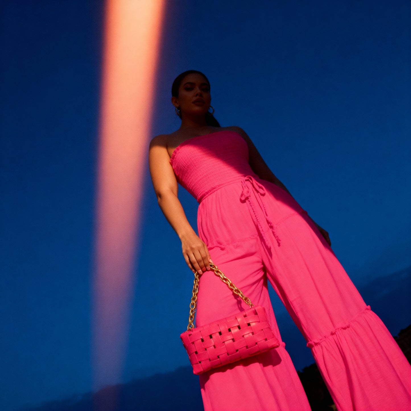 Wide Leg Strapless Jumpsuit With Waist Tie in Fuchsia or Mango