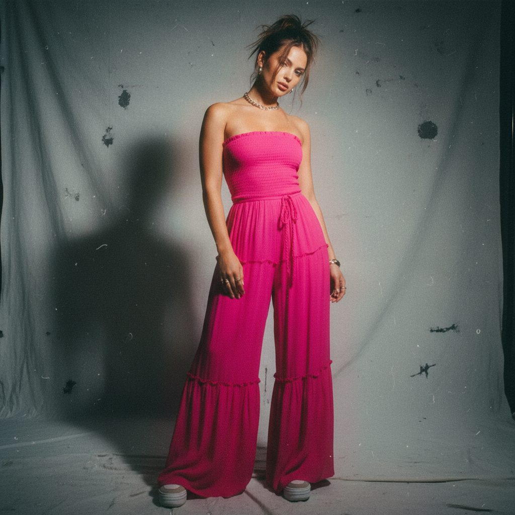 Wide Leg Strapless Jumpsuit With Waist Tie in Fuchsia or Mango
