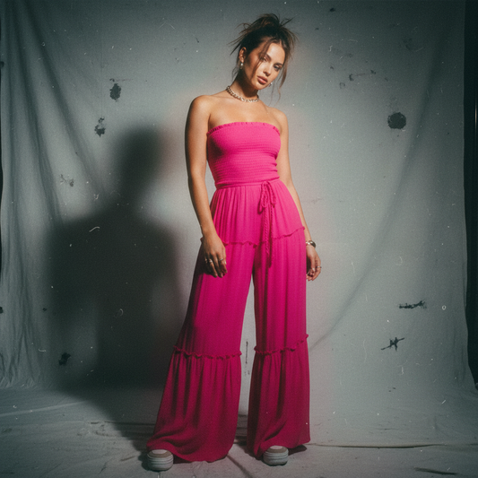 Wide Leg Strapless Jumpsuit With Waist Tie in Fuchsia or Mango
