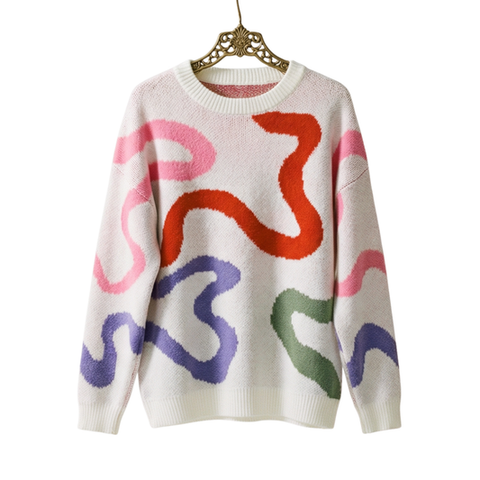 Wild '80s Multi Color Swirl Sweater | Women’s Novelty Knitwear with Bold Intarsia Design [SM–XL]