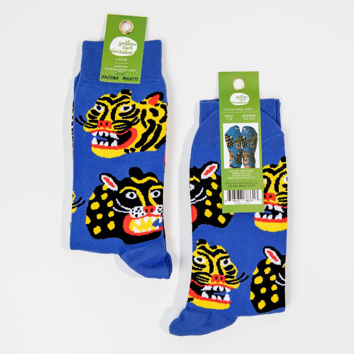 Wild Cats Large Crew Socks – Art by Kristina Micotti | Men's Sizing