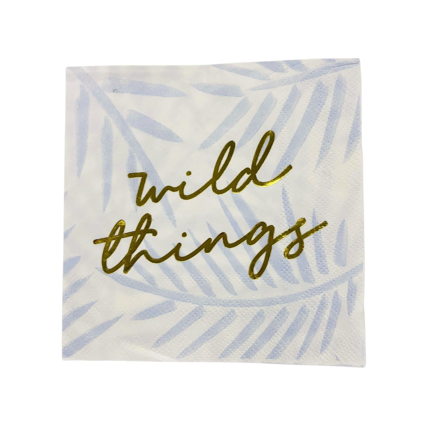 Wild Things Foil Beverage Napkin in White and Blue Leaf Pattern | Cocktail Party Paper Napkin | 5" x 5"
