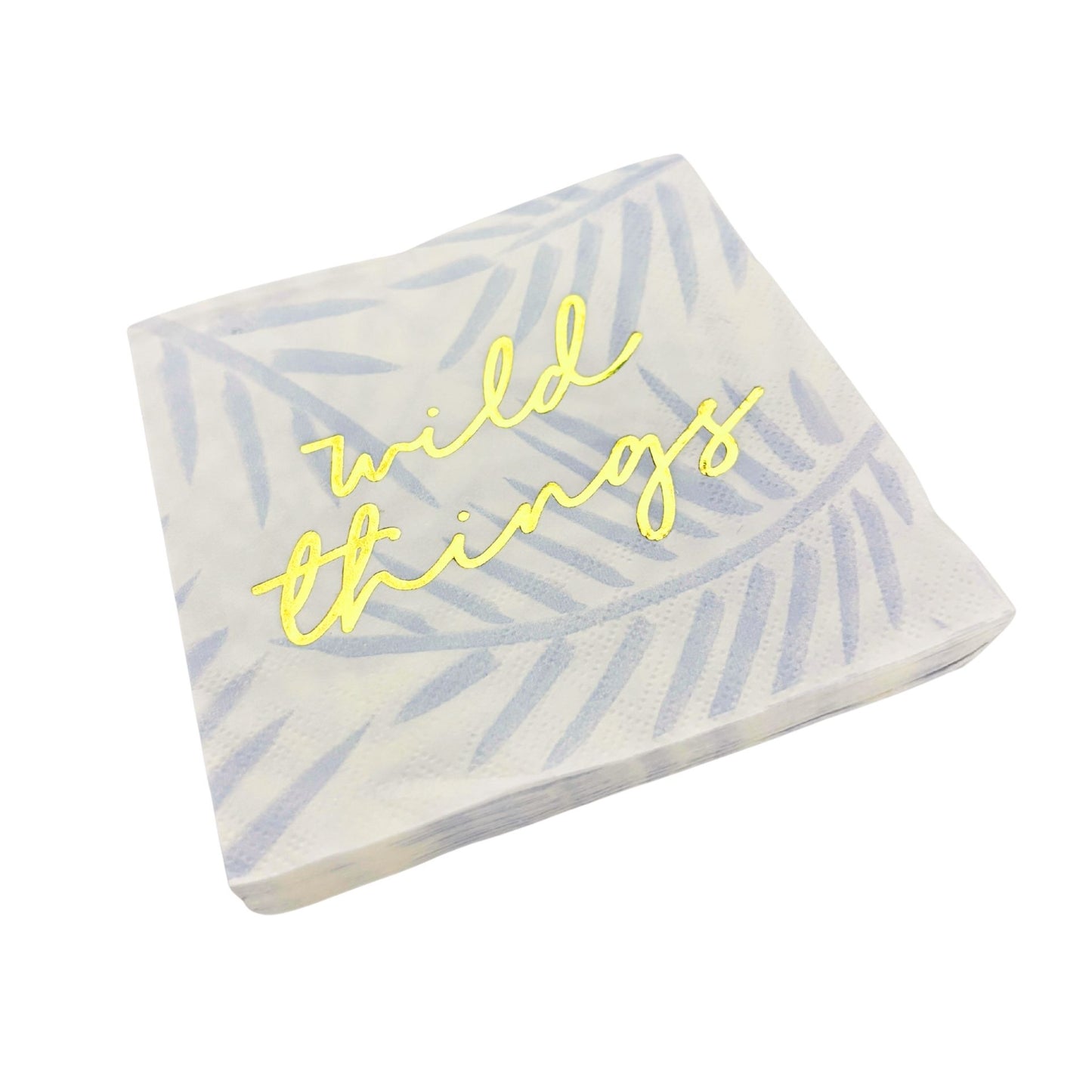 Wild Things Foil Beverage Napkin in White and Blue Leaf Pattern | Cocktail Party Paper Napkin | 5" x 5"