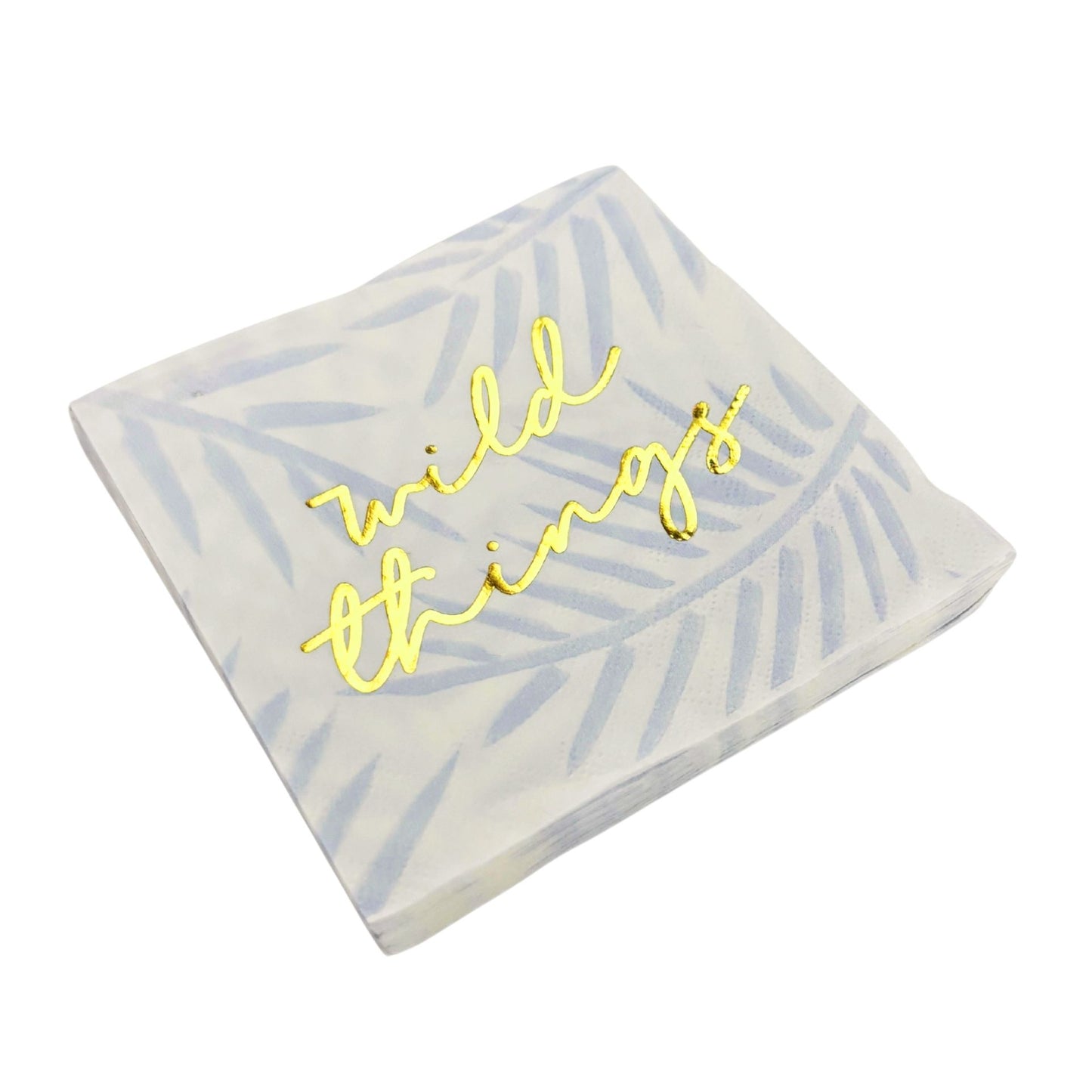 Wild Things Foil Beverage Napkin in White and Blue Leaf Pattern | Cocktail Party Paper Napkin | 5" x 5"