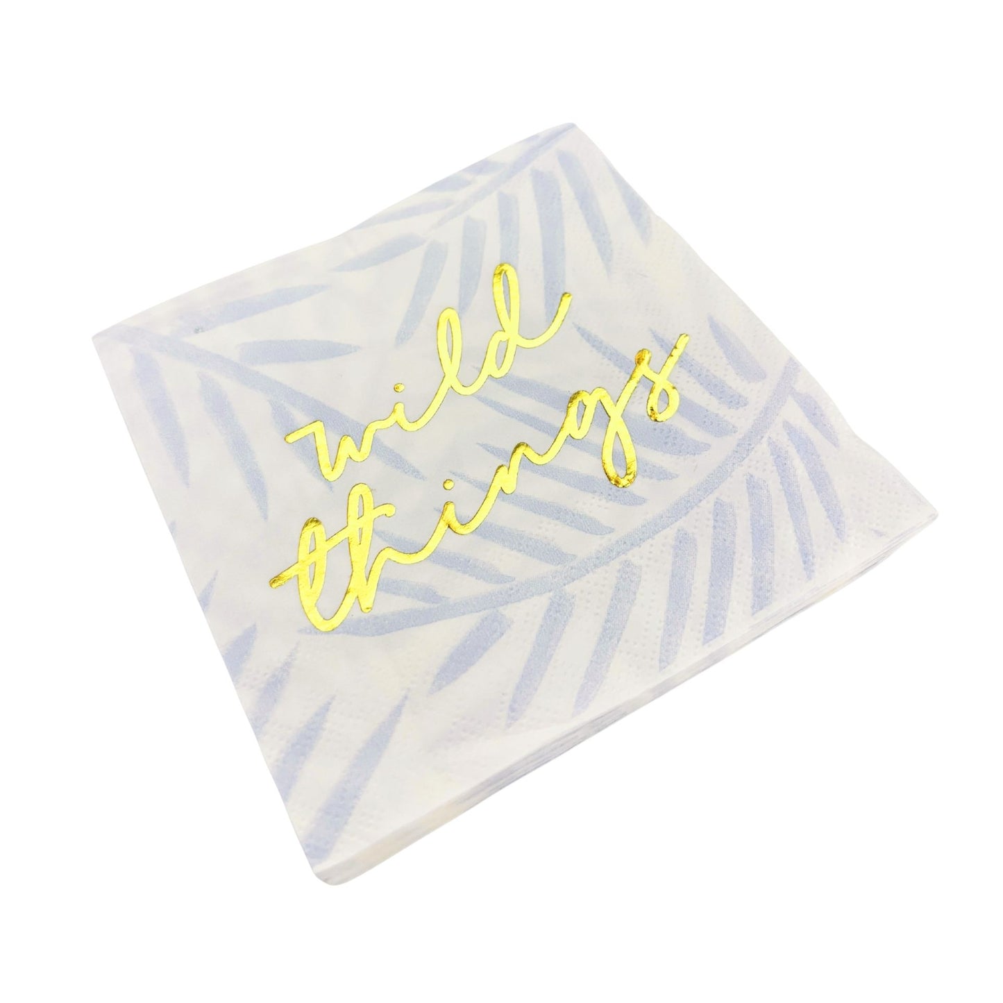 Wild Things Foil Beverage Napkin in White and Blue Leaf Pattern | Cocktail Party Paper Napkin | 5" x 5"