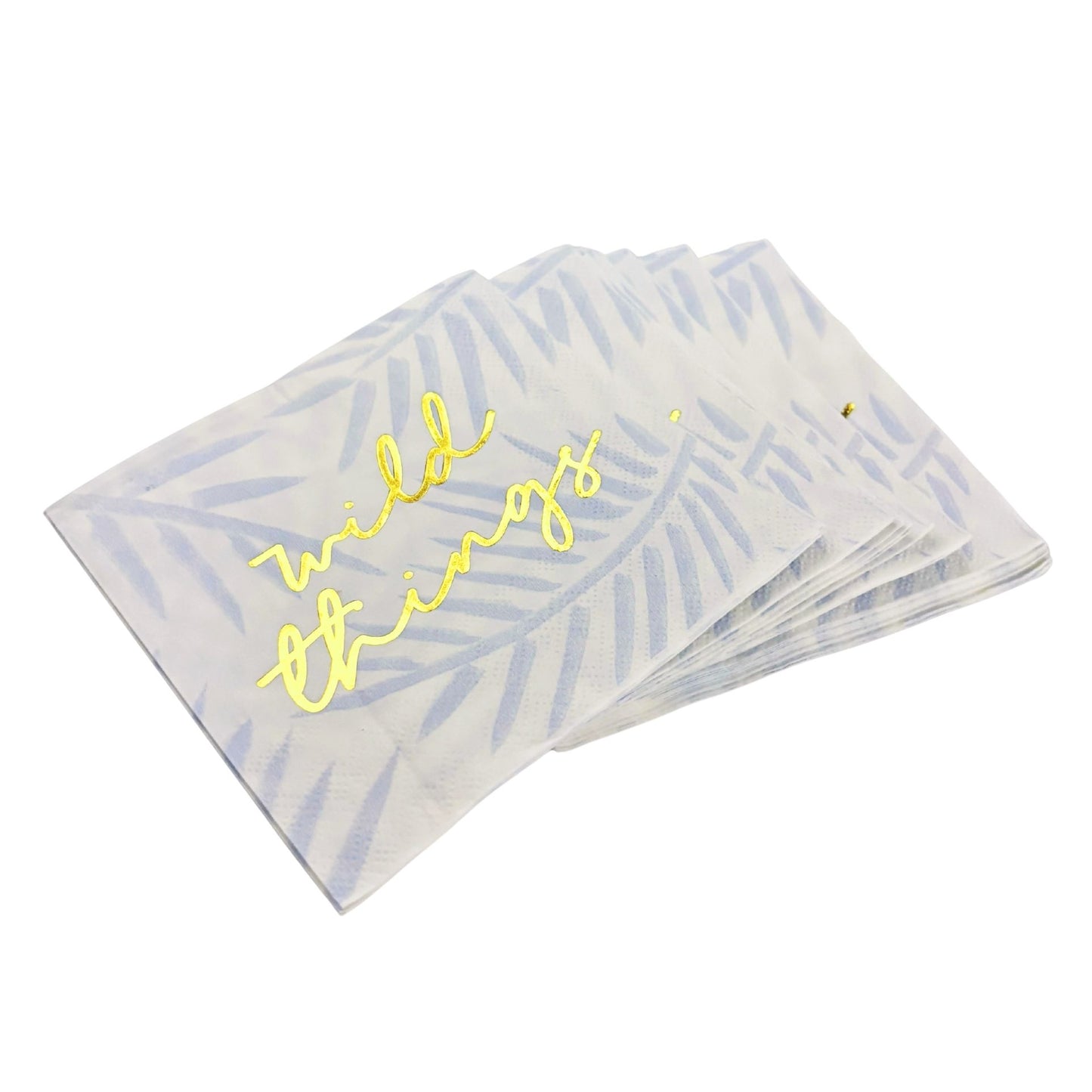 Wild Things Foil Beverage Napkin in White and Blue Leaf Pattern | Cocktail Party Paper Napkin | 5" x 5"