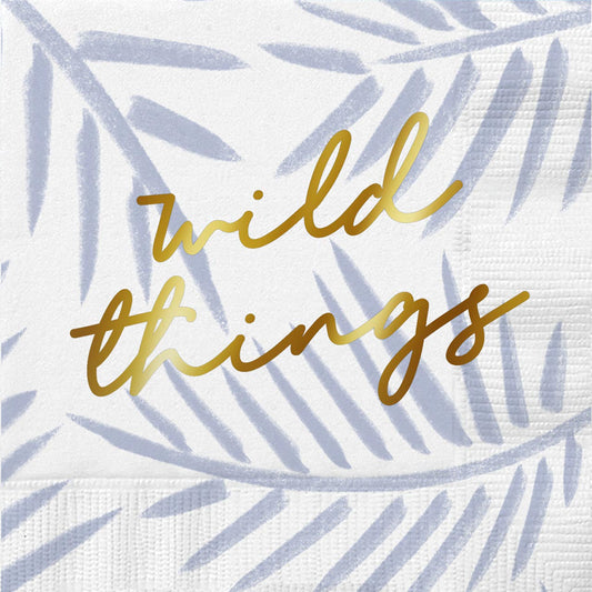 Wild Things Foil Beverage Napkin in White and Blue Leaf Pattern | Cocktail Party Paper Napkin | 5" x 5"