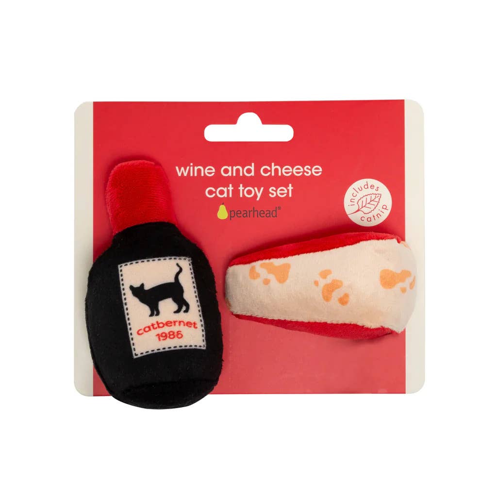 Wine and Cheese Cat Toy Set | Plush Toys for Pet Lovers | Giftable Cat Stocking Stuffer