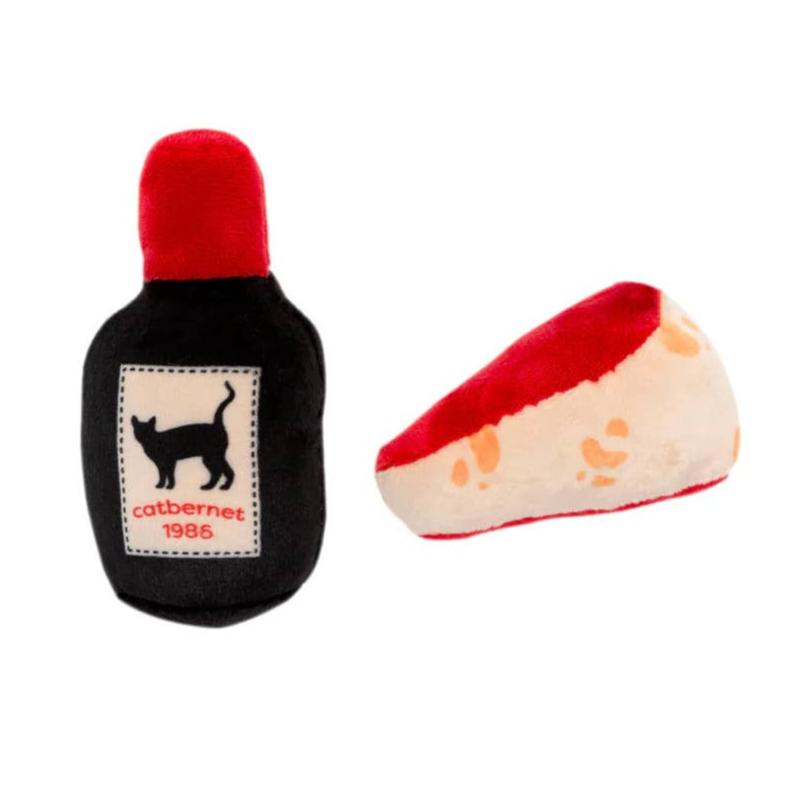 Wine and Cheese Cat Toy Set | Plush Toys for Pet Lovers | Giftable Cat Stocking Stuffer