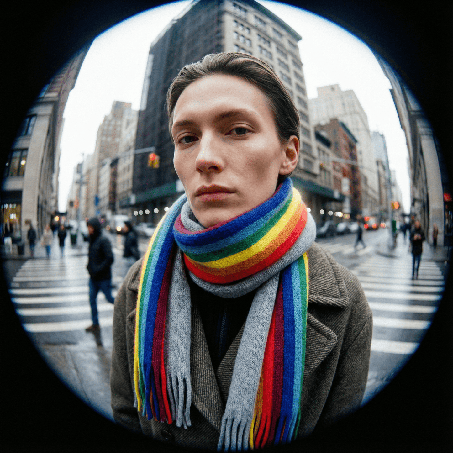 Winter Pride Wooly Unisex Rainbow Scarf in Gray and Rainbow Stripe | 15" x 79"