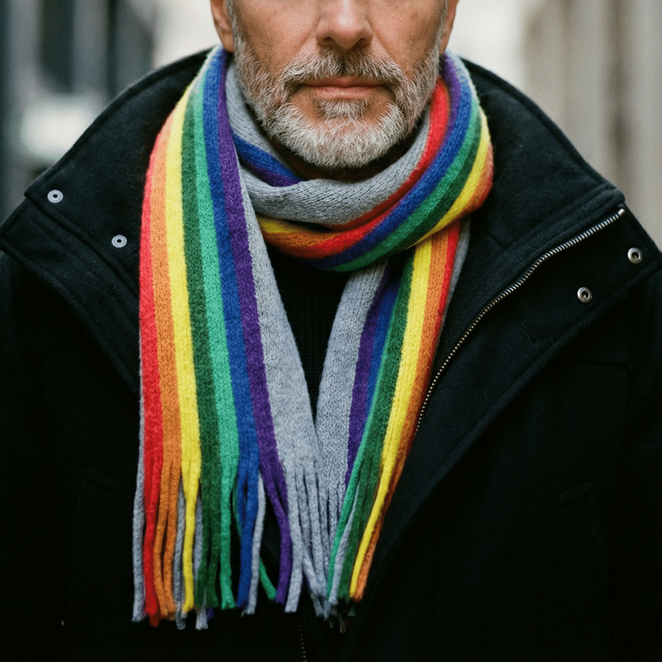 Winter Pride Wooly Unisex Rainbow Scarf in Gray and Rainbow Stripe | 15" x 79"