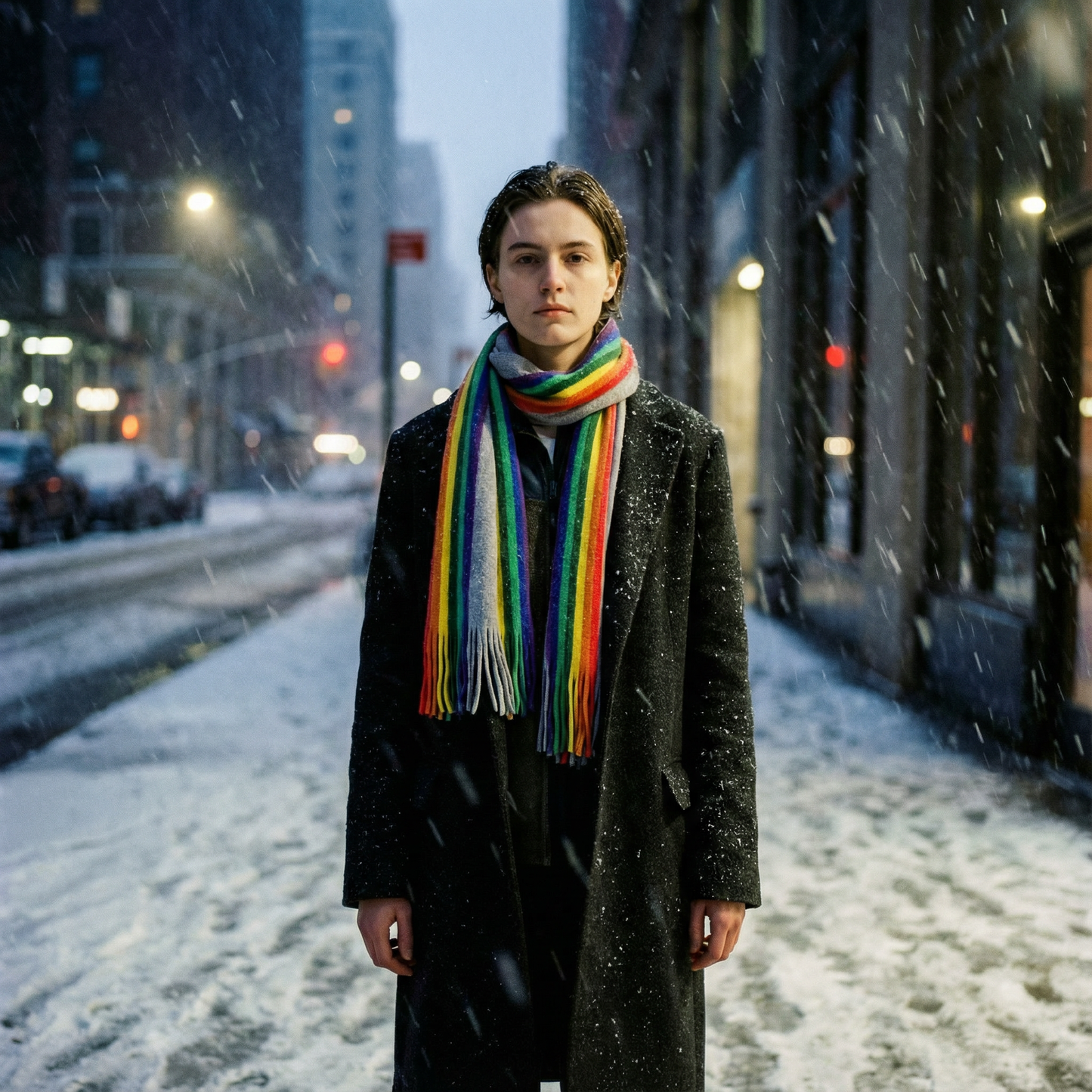 Winter Pride Wooly Unisex Rainbow Scarf in Gray and Rainbow Stripe | 15" x 79"
