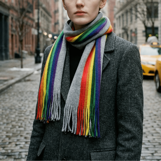 Winter Pride Wooly Unisex Rainbow Scarf in Gray and Rainbow Stripe | 15" x 79"