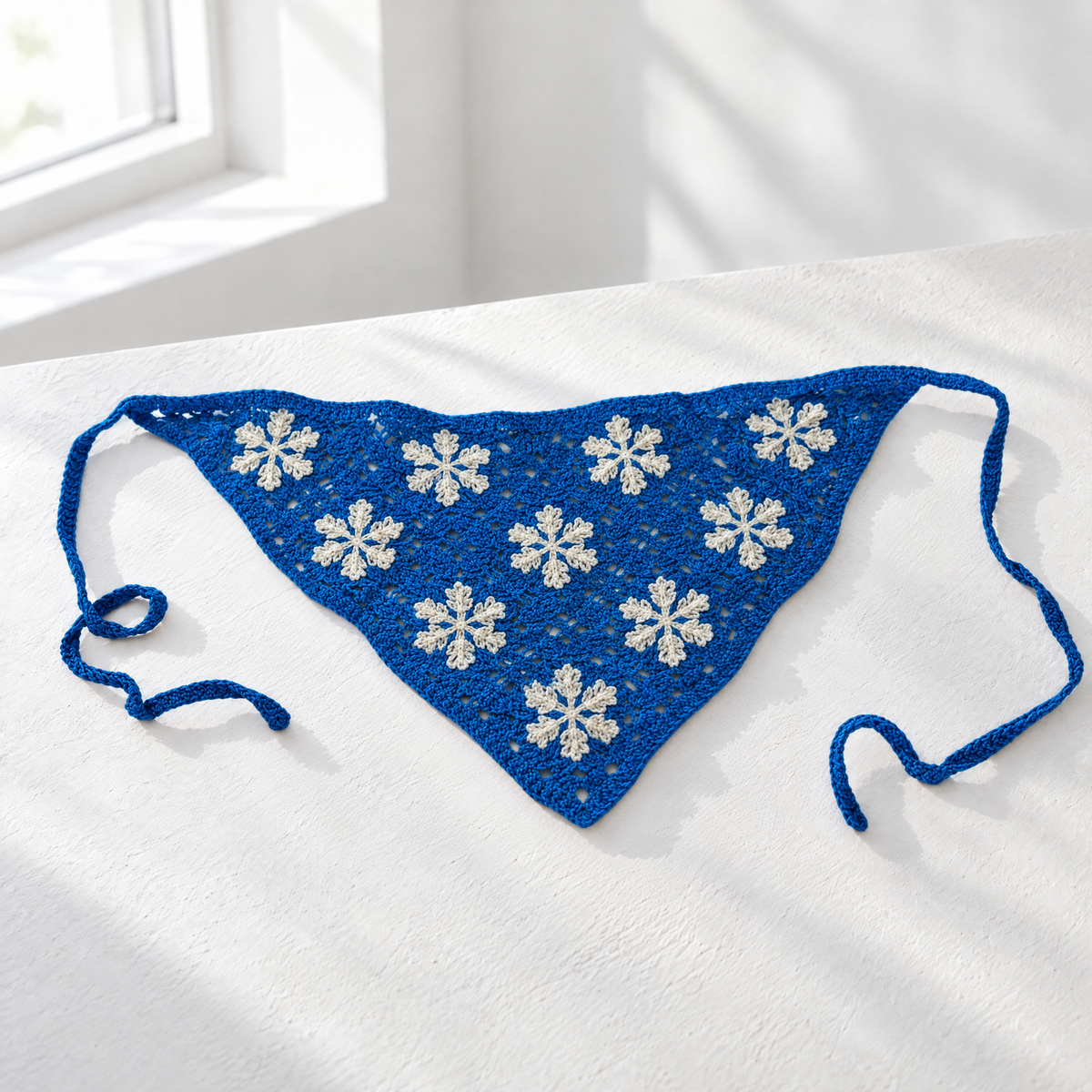 Winter Snowflake Knitted Kerchief in Blue and White | Handmade Knit Headscarf with Ties-Paper & Quartz-The Bullish Store