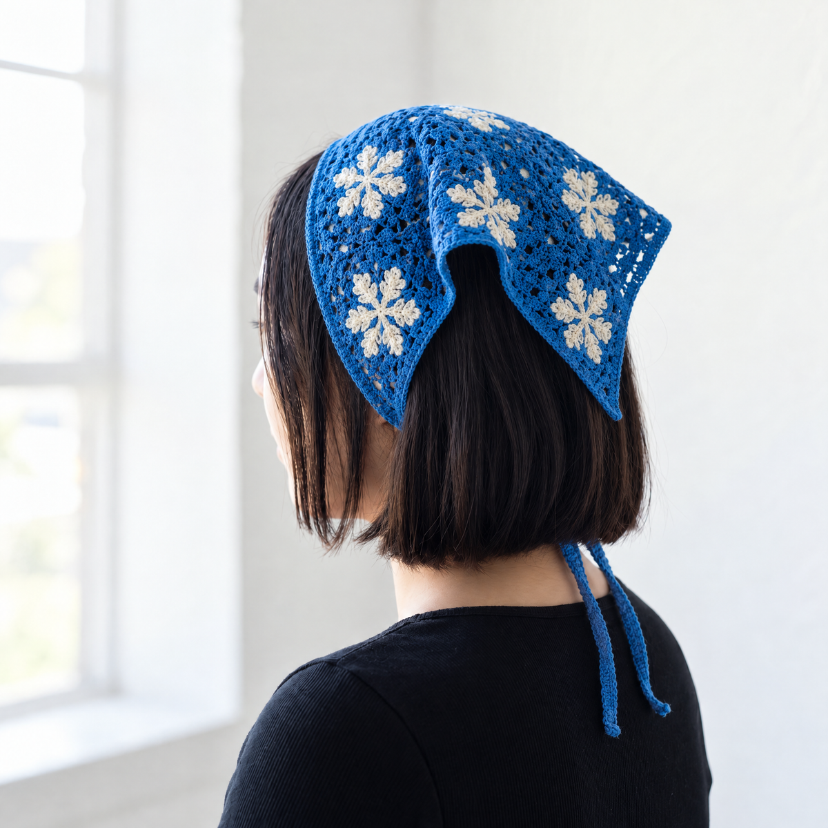Winter Snowflake Knitted Kerchief in Blue and White | Handmade Knit Headscarf with Ties-Paper & Quartz-The Bullish Store