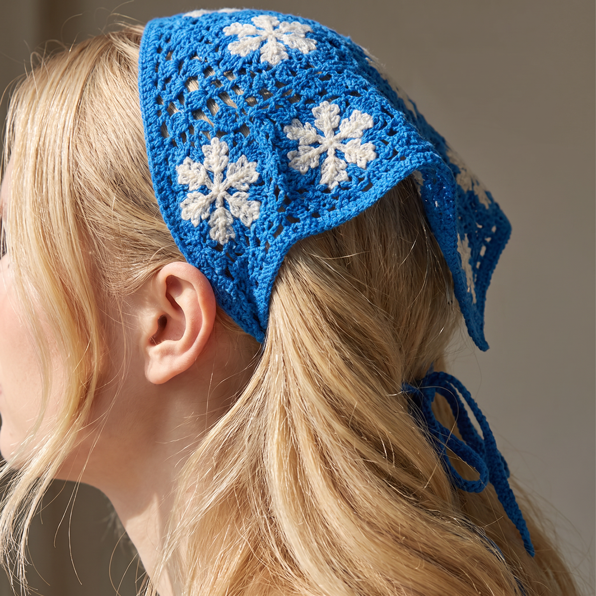 Winter Snowflake Knitted Kerchief in Blue and White | Handmade Knit Headscarf with Ties-Paper & Quartz-The Bullish Store
