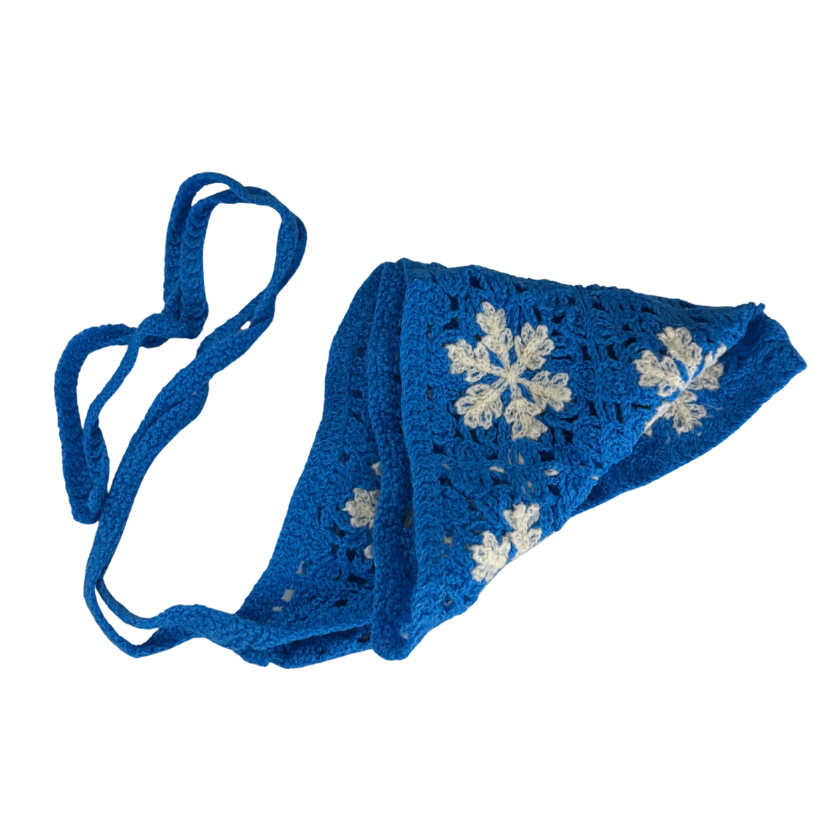 Winter Snowflake Knitted Kerchief in Blue and White | Handmade Knit Headscarf with Ties-Paper & Quartz-The Bullish Store