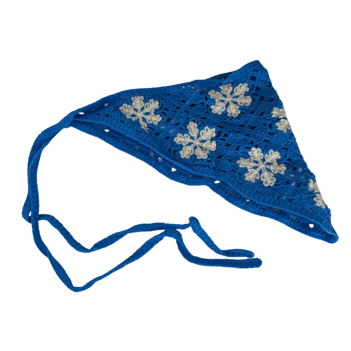 Winter Snowflake Knitted Kerchief in Blue and White | Handmade Knit Headscarf with Ties-Paper & Quartz-The Bullish Store