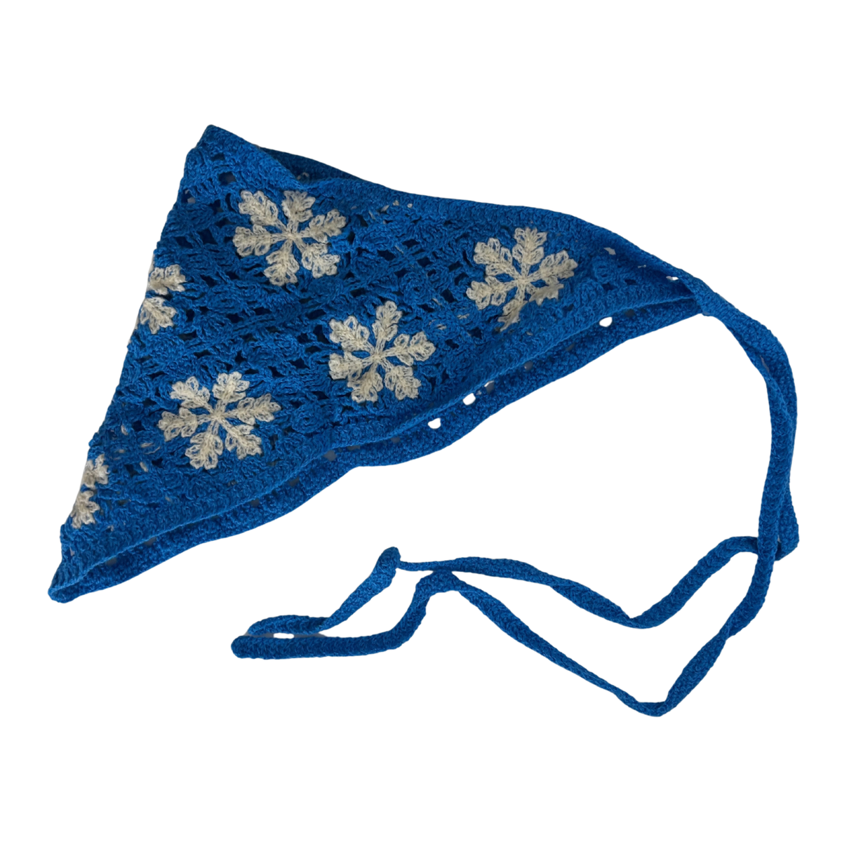 Winter Snowflake Knitted Kerchief in Blue and White | Handmade Knit Headscarf with Ties-Paper & Quartz-The Bullish Store