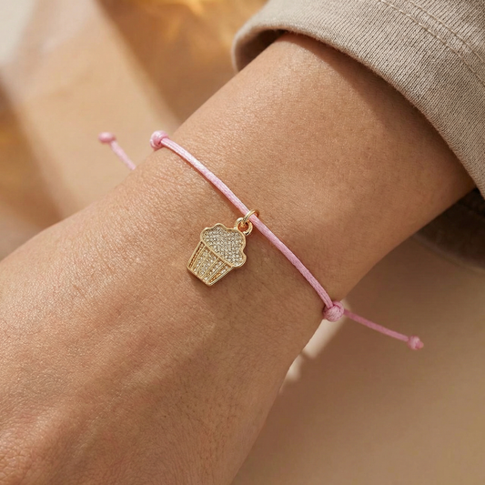 Wishing You a Happy Birthday Cupcake Charm Cord Bracelet on a Gift Card