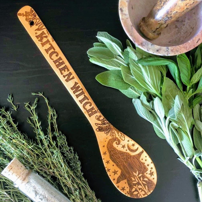Witchy Bamboo Wooden Spoon Set | Halloween Kitchen Decor for Kitchen Witches
