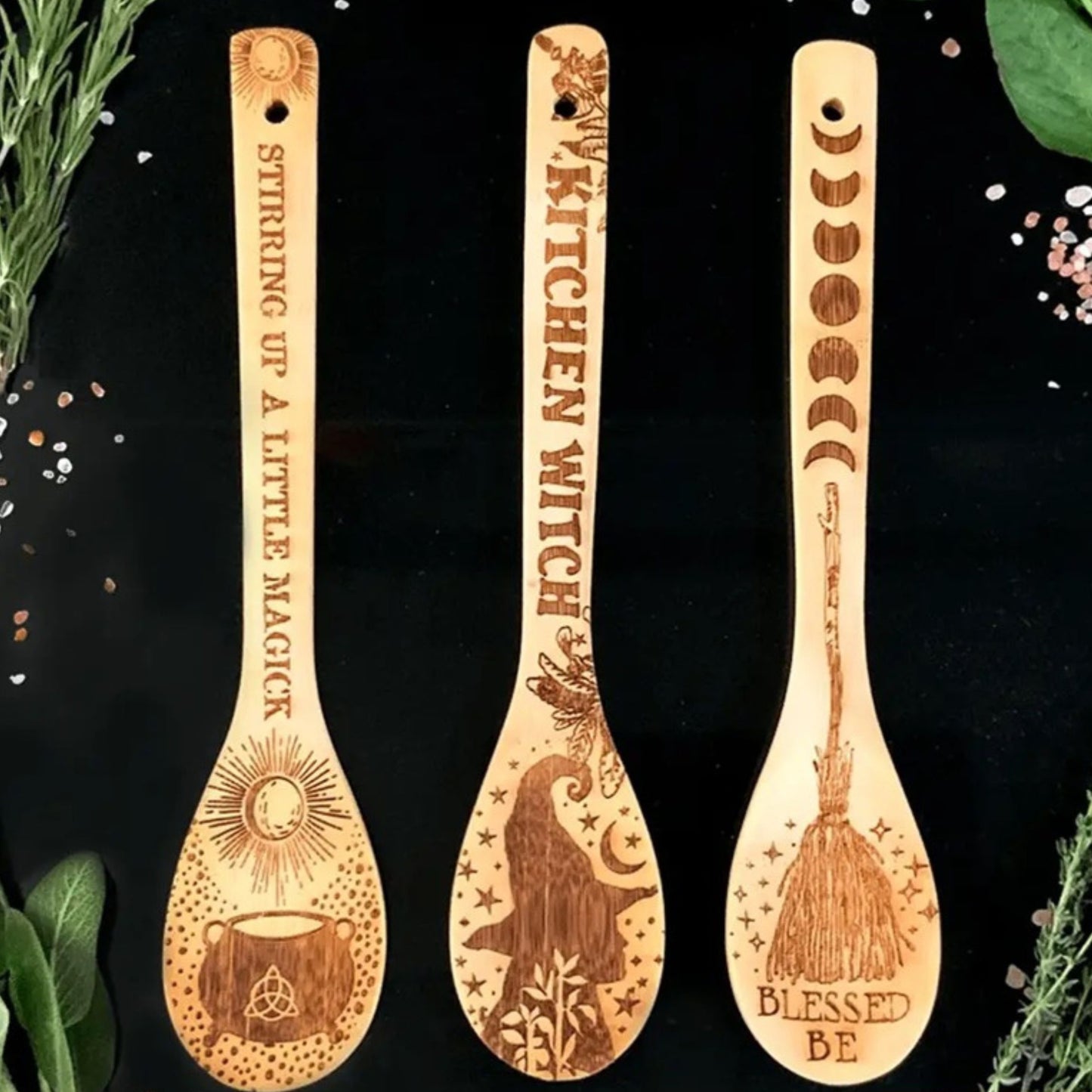 Witchy Bamboo Wooden Spoon Set | Halloween Kitchen Decor for Kitchen Witches