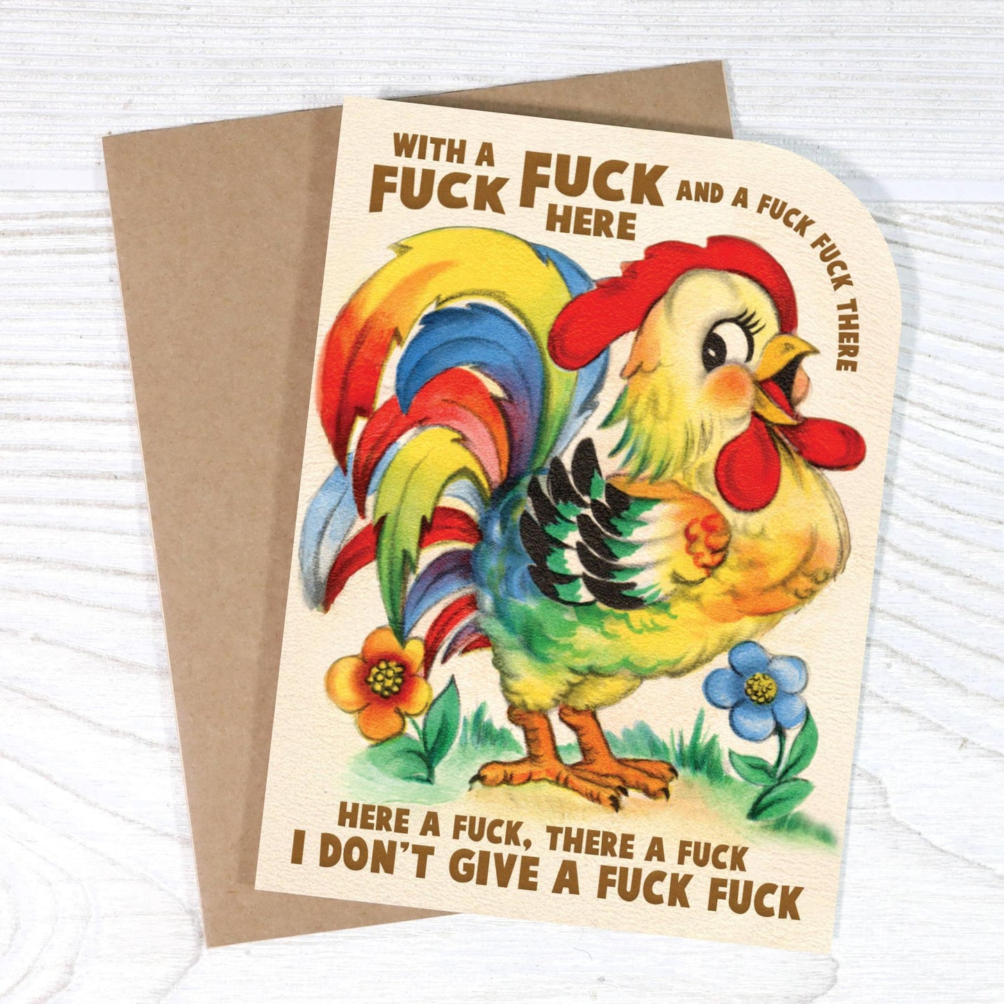 Card with a colorful rooster illustration and cussing texts