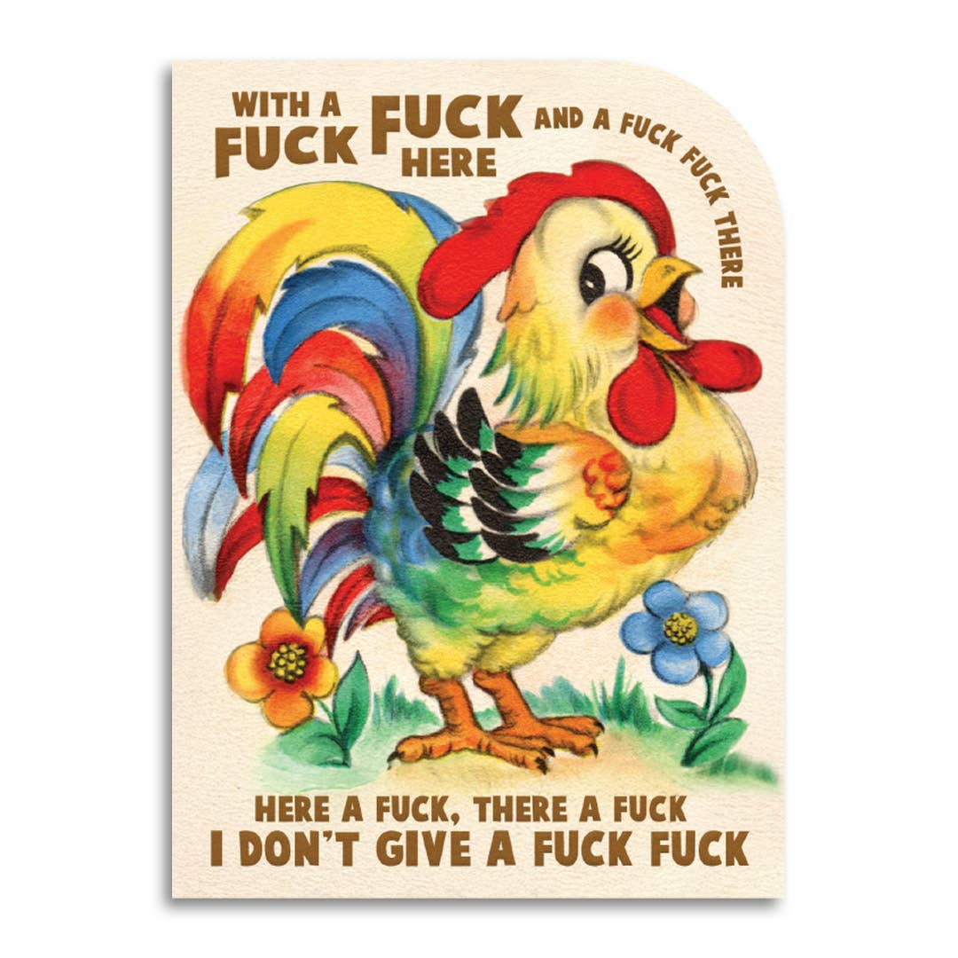 Colorful rooster illustration greeting card with cussing words