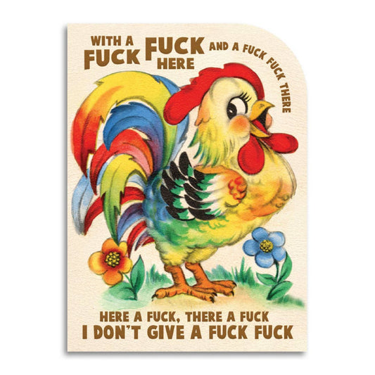 Colorful rooster illustration greeting card with cussing words