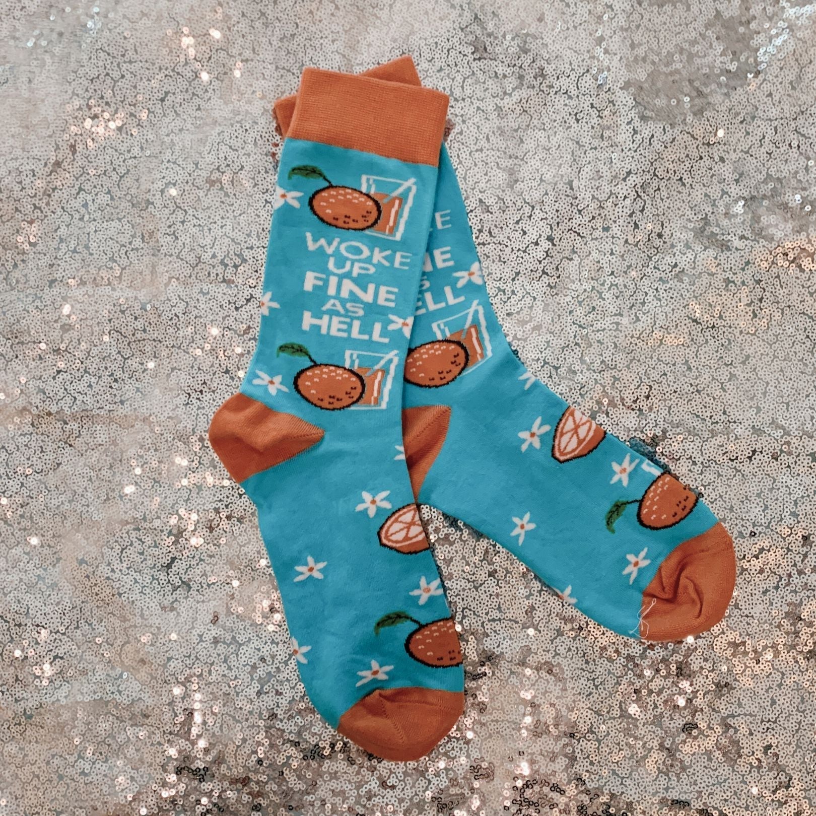 Woke Up Fine As Hell Socks in Blue | Orange Juice Illustration | Gift for Her