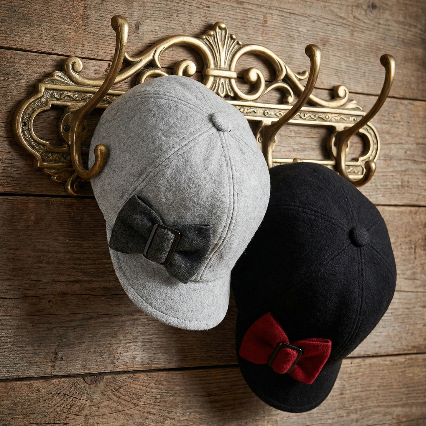 Women’s Fleece Bow Retro Winter Cap | 6 Panel Hat with Short Brim (Black/Red or Light Grey/Grey)