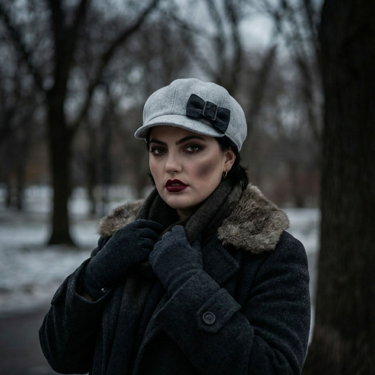 Women’s Fleece Bow Retro Winter Cap | 6 Panel Hat with Short Brim (Black/Red or Light Grey/Grey)