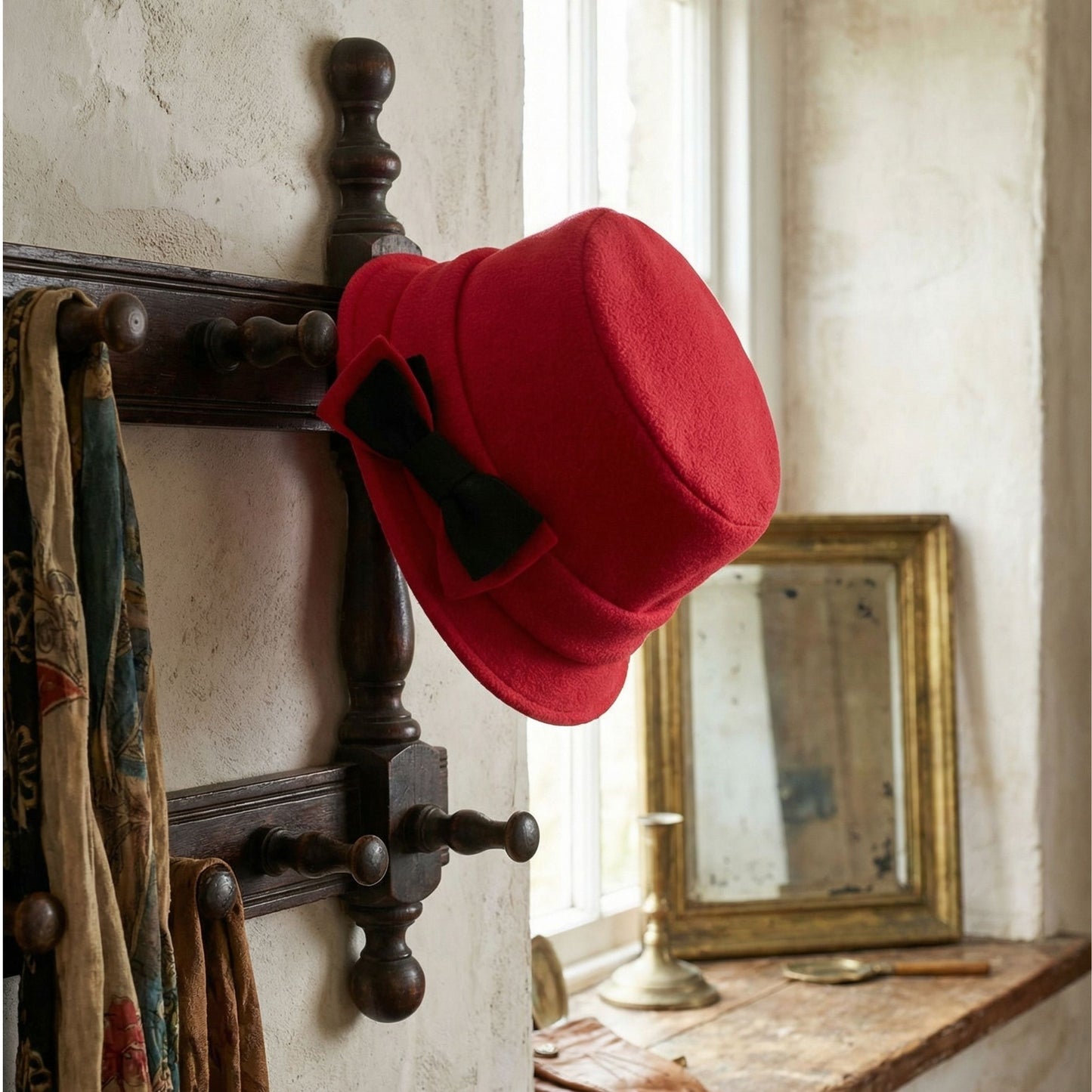 Women’s Polar Fleece Retro Pinup Bucket Hat with Bow | Winter Hat in Grey or Red