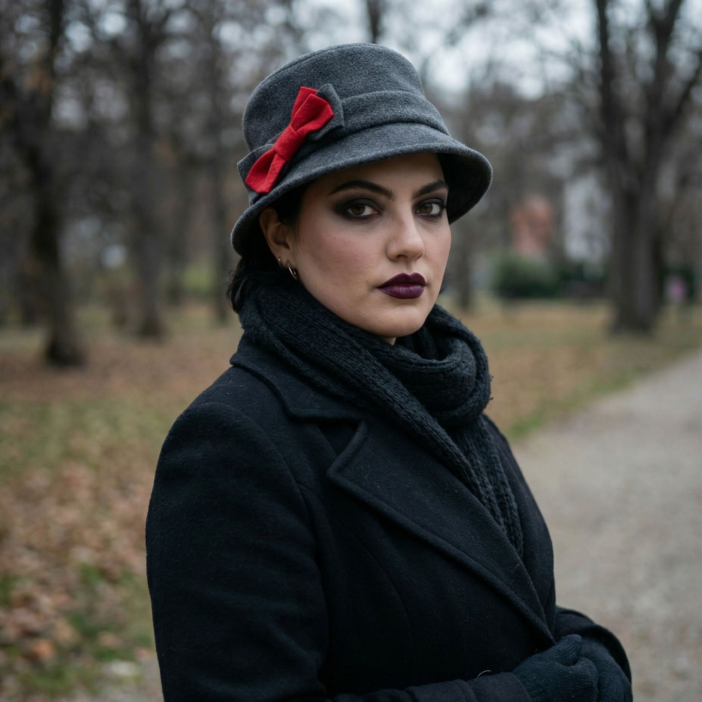 Women’s Polar Fleece Retro Pinup Bucket Hat with Bow | Winter Hat in Grey or Red