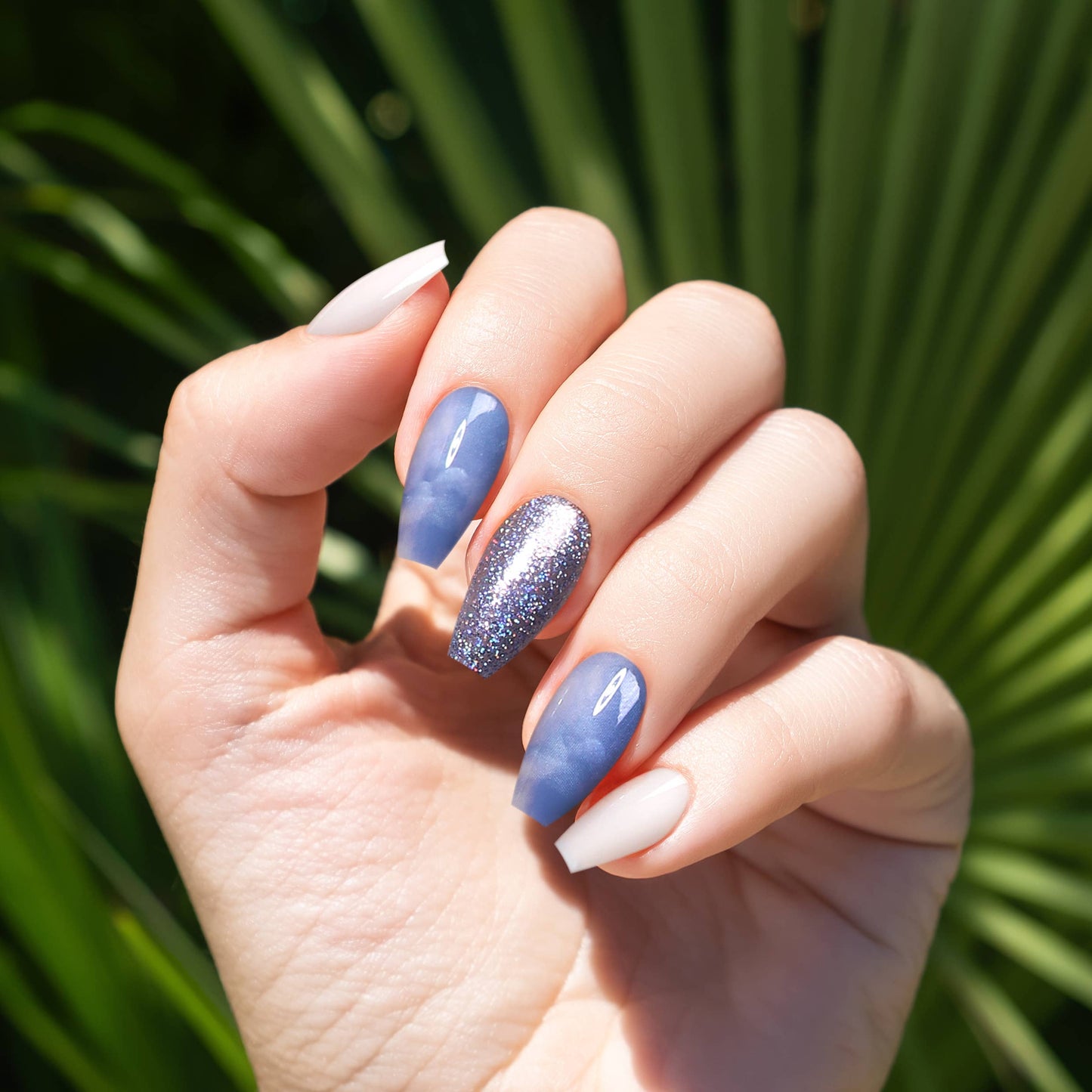 Wonderland Press-On Nails | White & Blue Marble with Glitter | Non-Toxic & Reusable