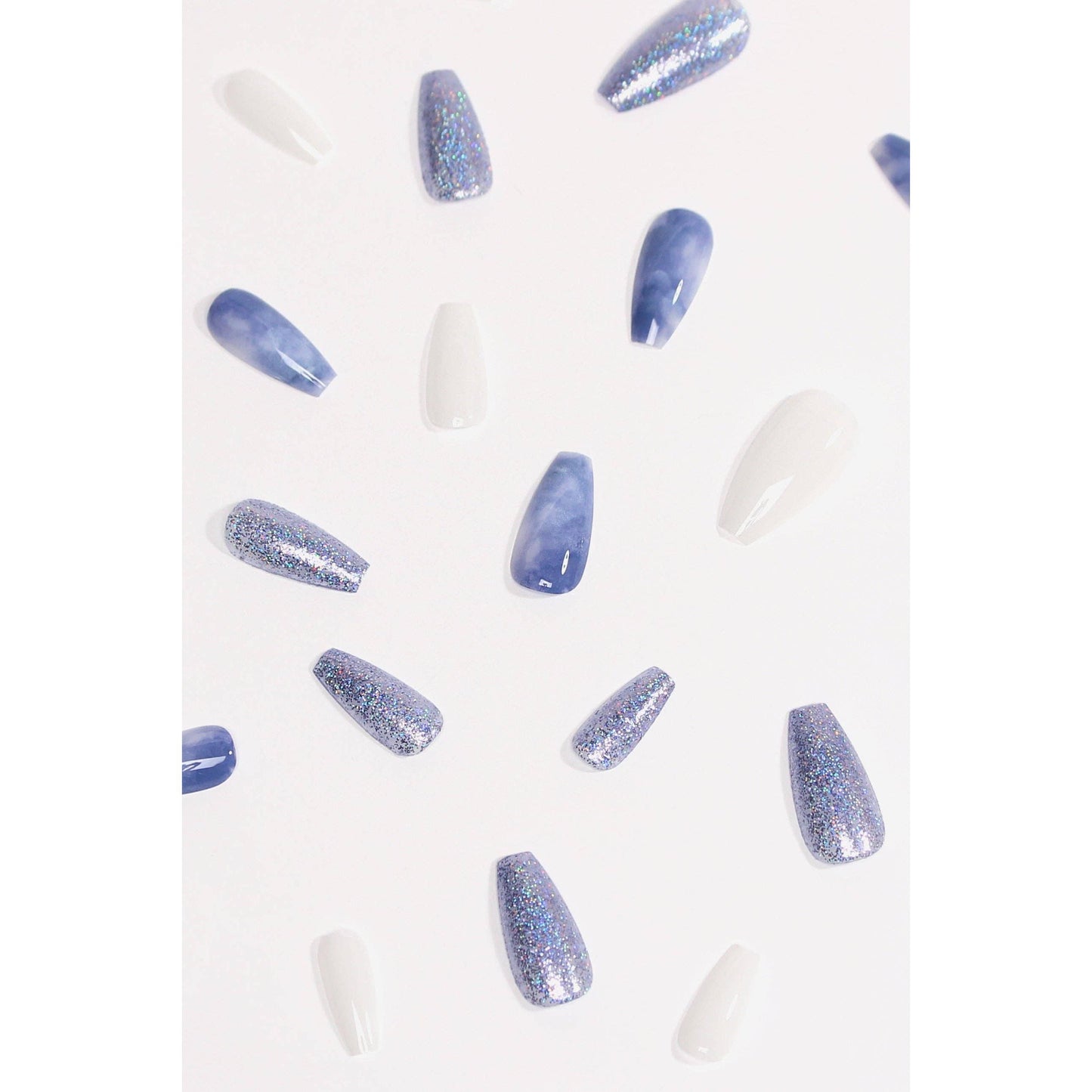 Wonderland Press-On Nails | White & Blue Marble with Glitter | Non-Toxic & Reusable