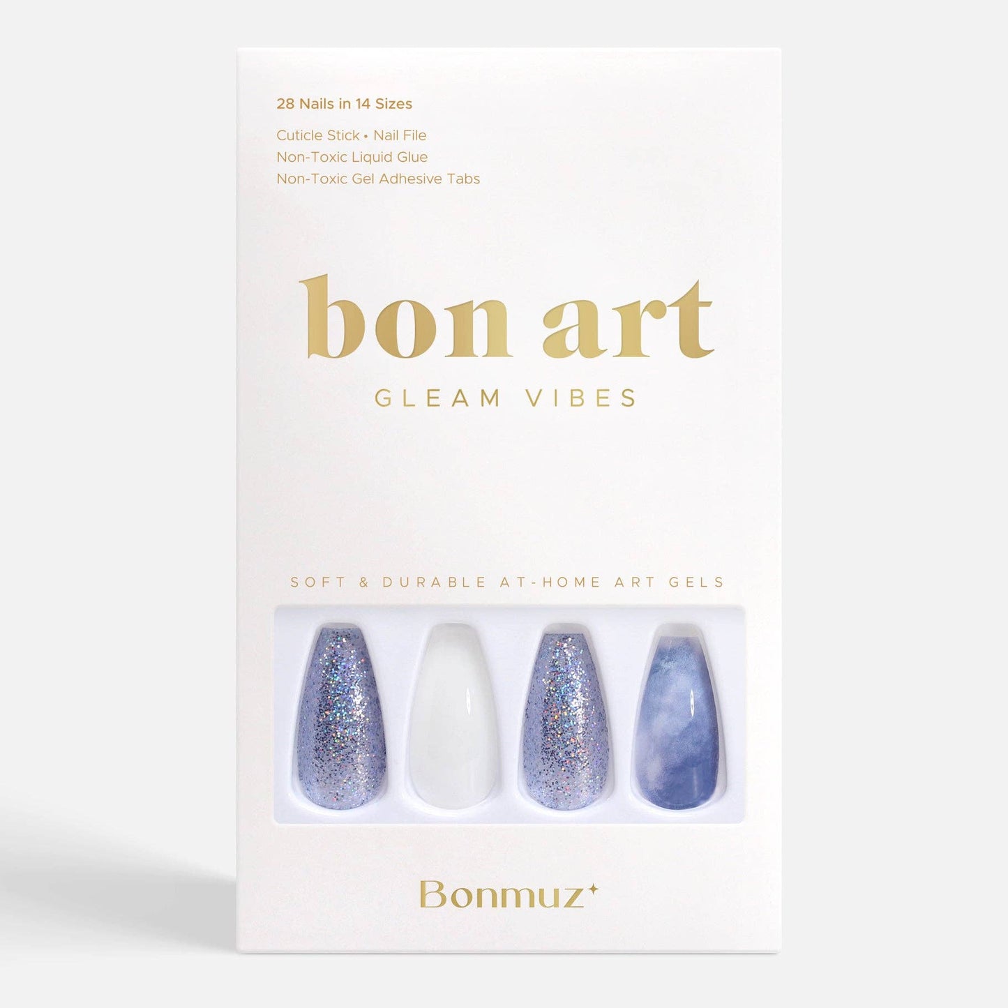 Wonderland Press-On Nails | White & Blue Marble with Glitter | Non-Toxic & Reusable