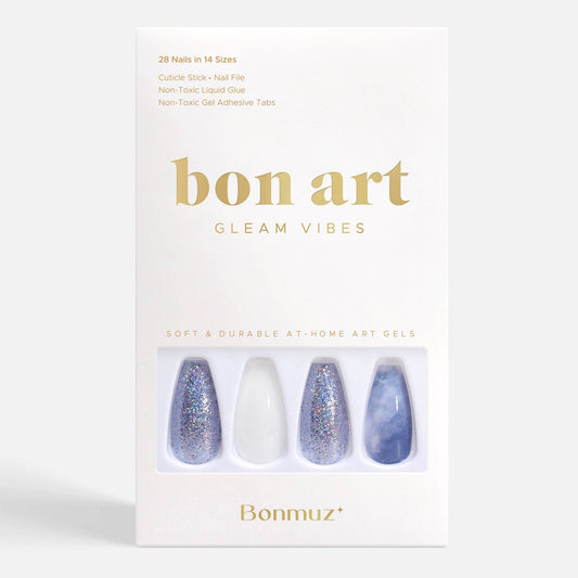 Wonderland Press-On Nails | White & Blue Marble with Glitter | Non-Toxic & Reusable