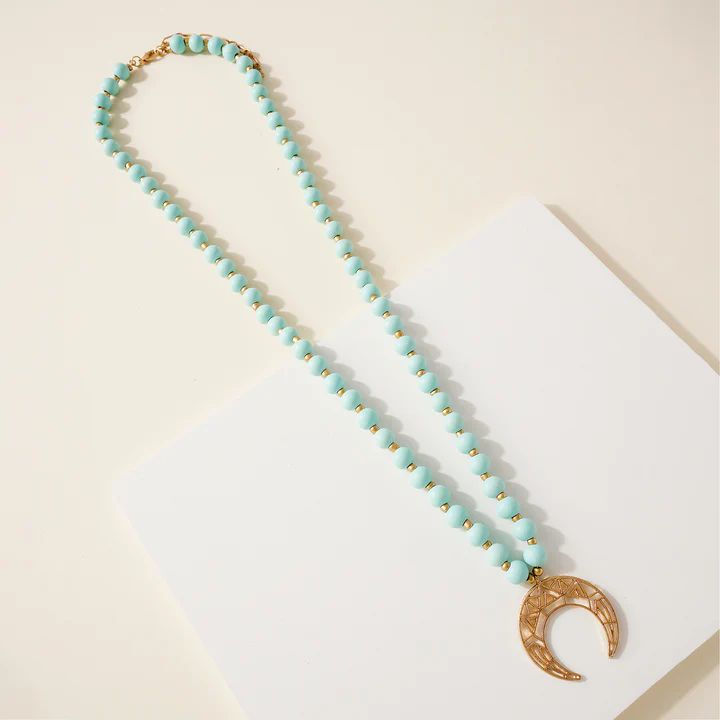 Wood Bead Crescent Pendant Necklace | Ivory or Mint