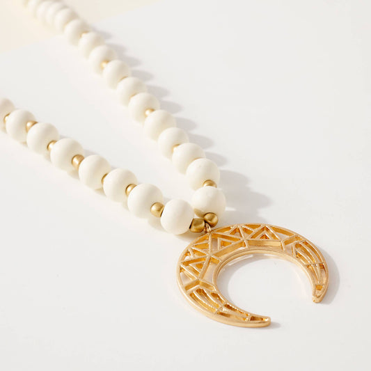 Wood Bead Crescent Pendant Necklace | Ivory or Mint
