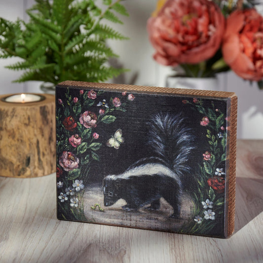Woodland Skunk Block Sign | Rustic Desk Wall Wooden Decor | 6.50" x 5" x 1"