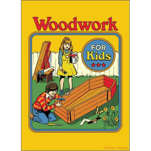 Woodwork…..For Kids Rectangular Magnet | '80s Children's Book Style Satirical Art by Steven Rhodes