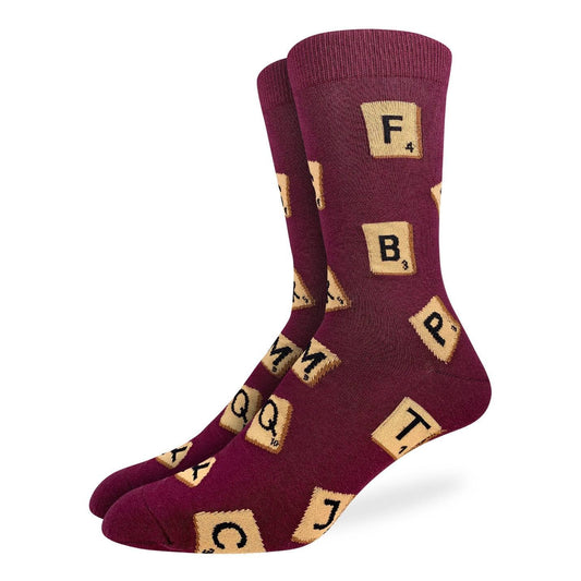 Word Game Men’s Crew Socks | Fun Maroon Letter Tile Novelty Socks