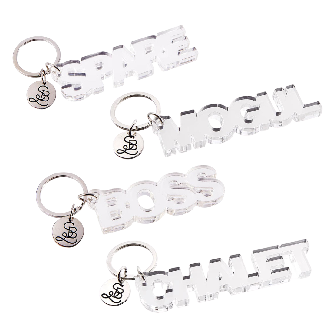 Word Shaped Clear Acrylic Keychains in 4 Styles - Boss, Mogul, Spare, Chalet