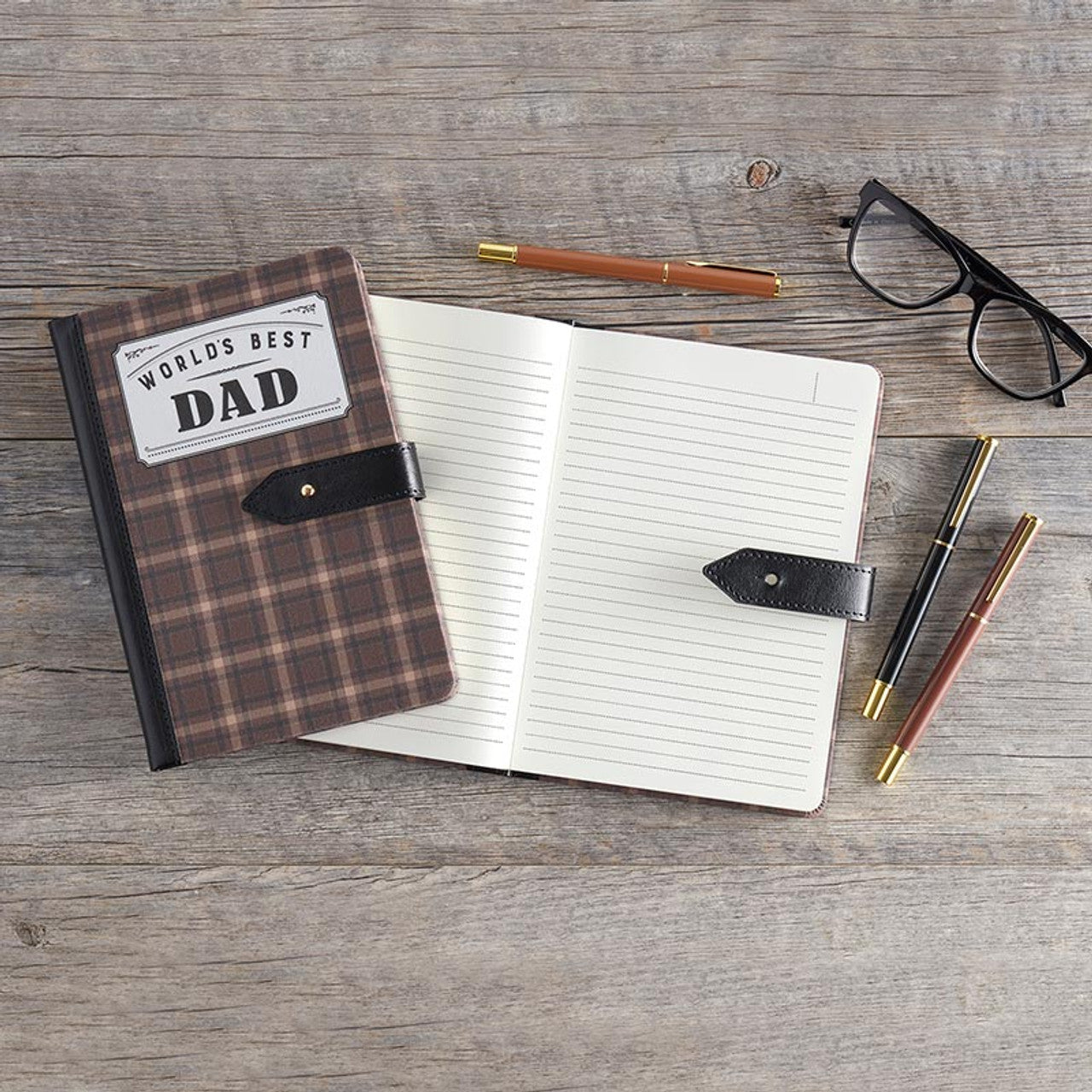 World's Best Dad Strap Journal | Gifts for Him | Plaid Vegan Leather Bound