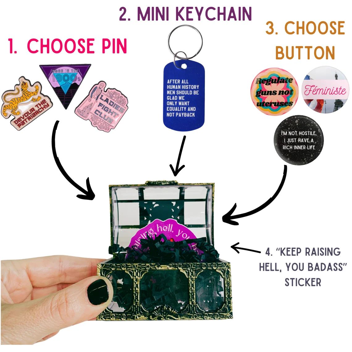 World's Tiniest Gift Box - 4 Item Feminist Treasure Chest Enamel Pin Keychain Gift Basket for Her in Pirate Fantasy Themed Gift Box