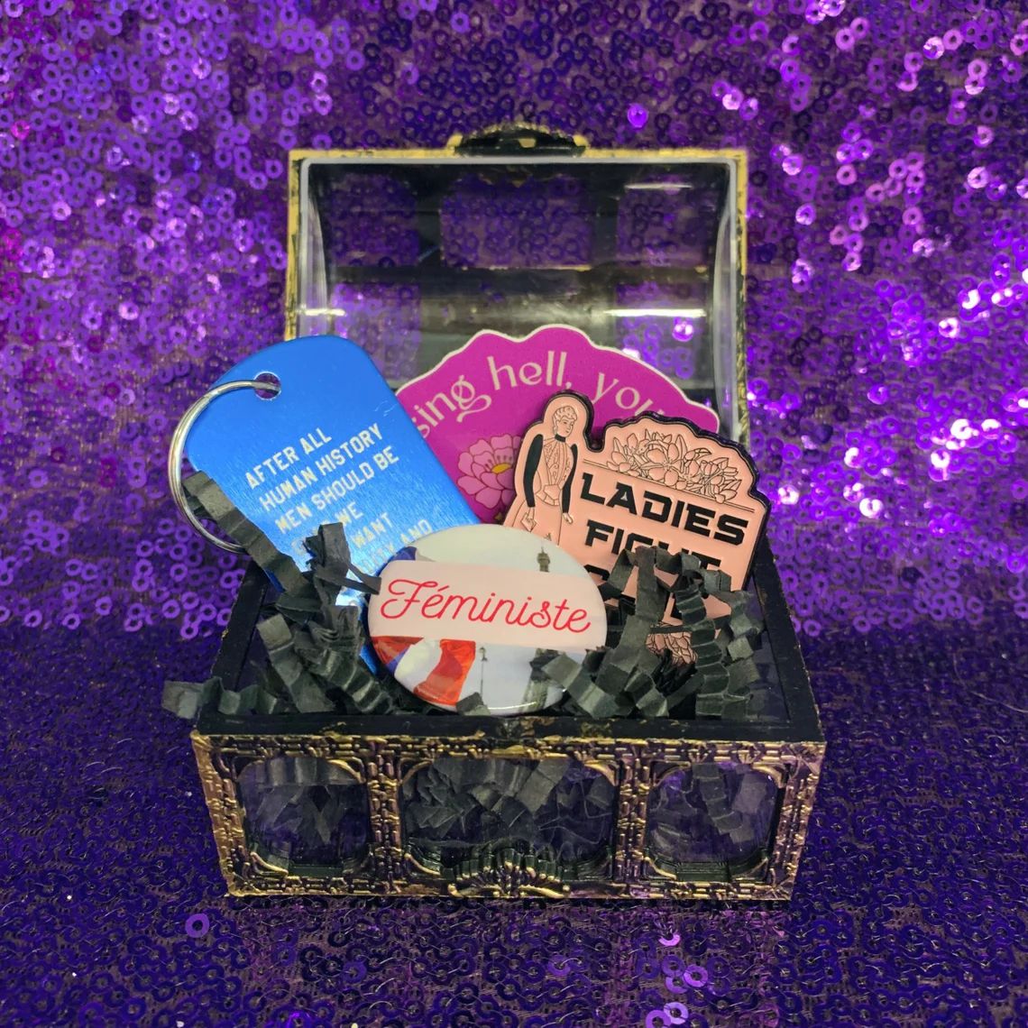 World's Tiniest Gift Box - 4 Item Feminist Treasure Chest Enamel Pin Keychain Gift Basket for Her in Pirate Fantasy Themed Gift Box