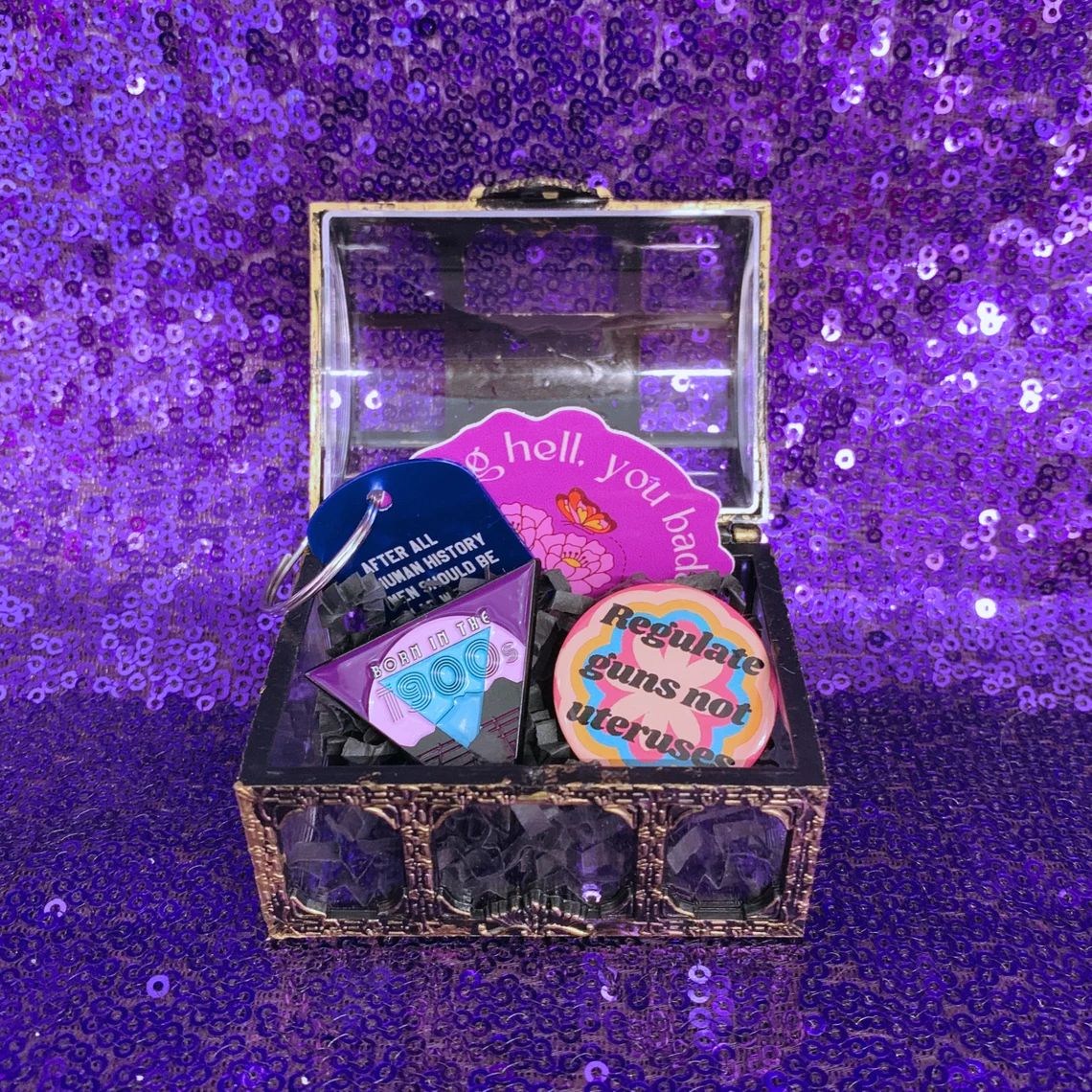 World's Tiniest Gift Box - 4 Item Feminist Treasure Chest Enamel Pin Keychain Gift Basket for Her in Pirate Fantasy Themed Gift Box