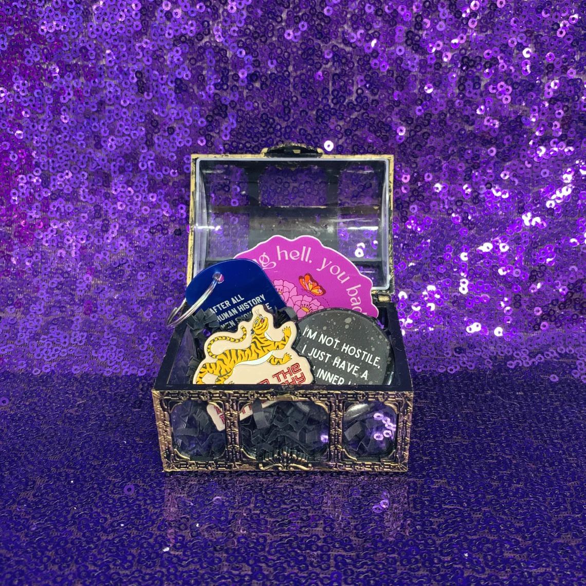 World's Tiniest Gift Box - 4 Item Feminist Treasure Chest Enamel Pin Keychain Gift Basket for Her in Pirate Fantasy Themed Gift Box